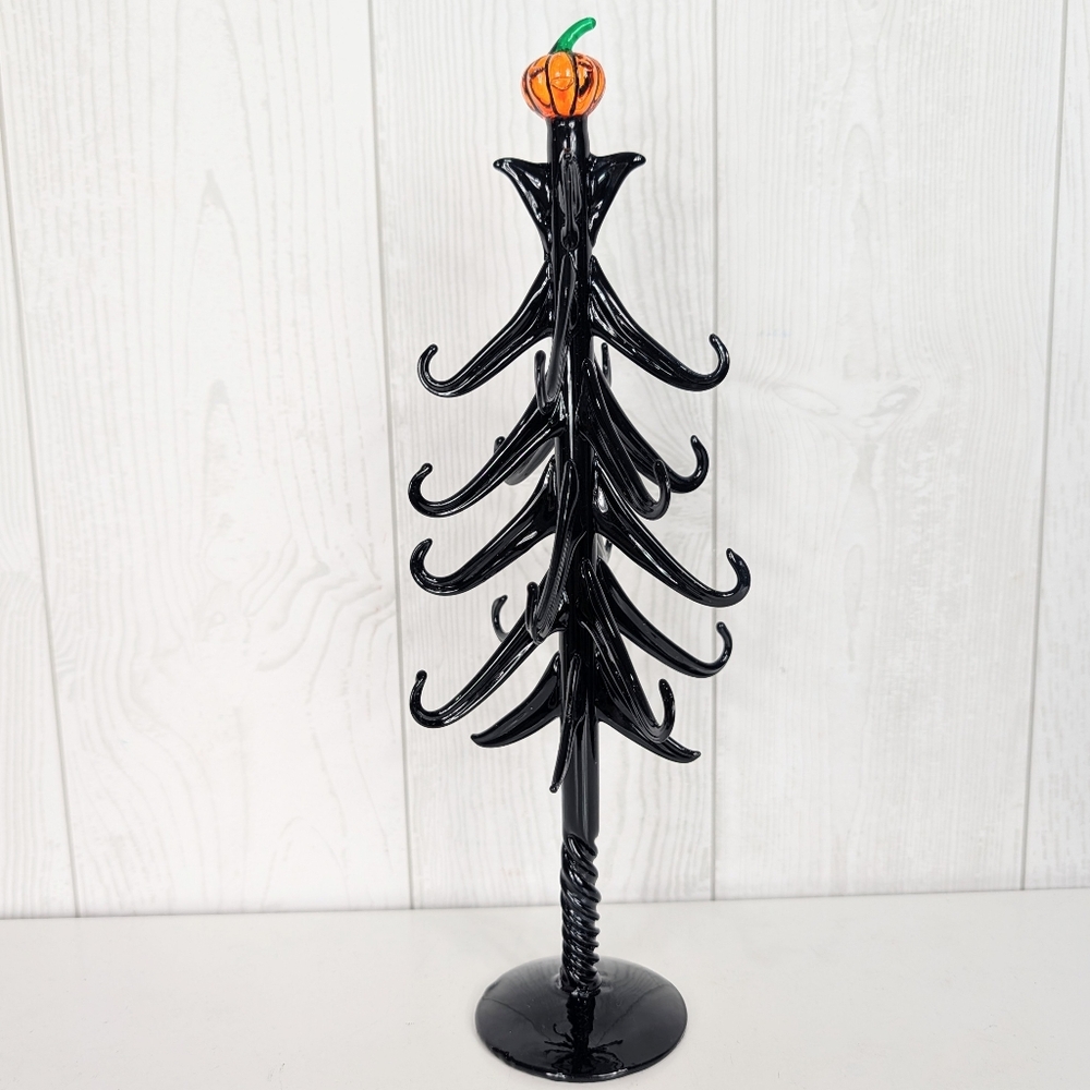 Halloween Art Glass Tree Figurine By Lenox Black Glass With Pumpkin